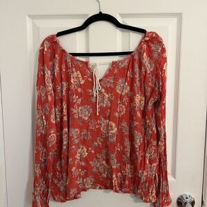 Billabong Red Floral Peasant Blouse with Tie Neck